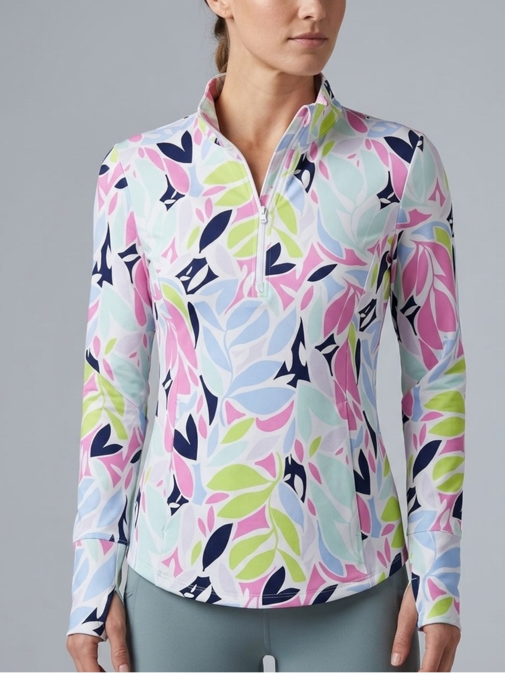 Tommy Bahama Golf Womens Small 1/4 Zip Pullover Sun Shirt Tropical Leaf Pockets - Picture 1 of 8